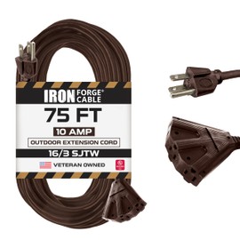 Iron Forge Cable 75ft Brown Outdoor Extension Cord with 3 Outlets - 16/3 SJTW 75ft Extension Cord 3 Prong, 10 Amp All-Weather Heavy Duty Power Cable