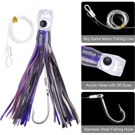 Trolling Lures Saltwater Fishing Lures Big Game Trolling Lures for Mahi Marlin Tuna Dolphin Wahoo Shark Deep Sea Fishing Lures Rigged with Leader Hook Squid Skirts