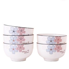5 Pack Porcelain Bowls With Cherry Blossom Pattern, 4.63" x 2.45" Ceramic Bowls Rice Pasta Soup Ramen Bowls for Kitchen Restaurant Serving Bowls, Oatmeal Salad Bowls, Dishwasher Safe & Microwave Safe