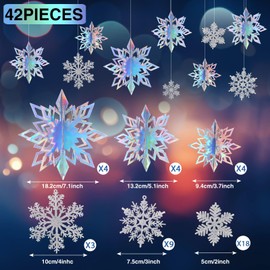 42 Pcs Winter Christmas Party Decorations 3D Snowflake Hanging Decoration Set 3D Hanging Snowflake Decoration Pendant for Christmas Winter Party New Year Home (Iridescent,2 Inch, 3 Inch, 4 Inch)