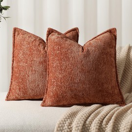 DEZENE Pack of 2 Burnt Orange Fall Decorative Throw Pillow Covers 18x18 Cozy Soft Chenille Accent Vintage Square Couch Pillow Covers for Home Decor Bed Sofa Living Room