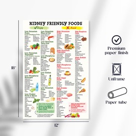 Kidney Friendly Food List Poster 12"x18" Unframed, Kidney Awareness, Kidney Diet List, Low Potassium, Grocery List, Shopping List Food Guide for Beginner Kidney Diet Plan List