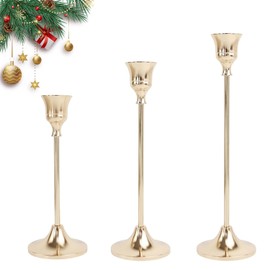 Juego de 3 Candeleros para Velas, Portavelas Decorativo de Metal Dorado para Cónicas, para Decoración del Hogar, Bodas, Cenas, Fiestas y Cocina (3, Oro)