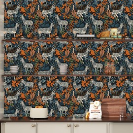 ILHIIOR Zebra Floral Peel and Stick Wallpaper Boho Leaf Contact Paper Black Flower Removable Self Adhesive Waterproof Wall Paper for Cabinet Drawers Wall Decor Renter Friendly 17.5''x118.1''