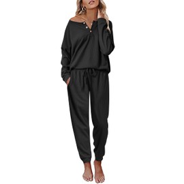 Ekouaer Sleepwear Women's Long Sleeve Pajamas with Long Pants Waffle Knit Nightwear 2 Piece Pjs Set (Black,M)