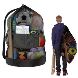 Large Football Ball Bags with Waterproof Pocket – Mesh Football Net Bag for 10-15 Balls, Heavy Duty Ball Carry Bag for Basketball, Rugby, Volleyball Training((100x80cm, Black)
