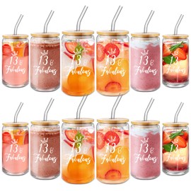 Lallisa 12 Pack Sweet 13/16/18th Gifts for Girls 16 oz Glass Cups with Lids and Straws 13/16/18th Birthday Party Favors for Her 16oz Coffee Glass Cups for Daughter Birthday Gift(13th Style)