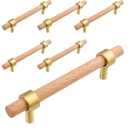 SYZOW Pack of 6 Wooden Handles for Cupboards Cabinet Handles Wood 128 mm Hole Spacing Handles for Kitchen Cabinets - Handle Drawer Handle Wood Furniture Handle