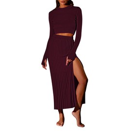 Pink Queen Women's Sweater Skirt Set 2 Piece Outfits Knit Crop Top Slim Fall Winter Cocktail Midi Long Dresses Burgundy Red L