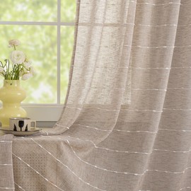 NINETREX Window Curtains Striped Dots Embellishment Blended Linen Look Sheer Curtains Home Dress Durtains For Living Room Protect Privacy Fecoration Set Of Rods, 2-piece Set(52"W x 63"L,Brownish-grey)