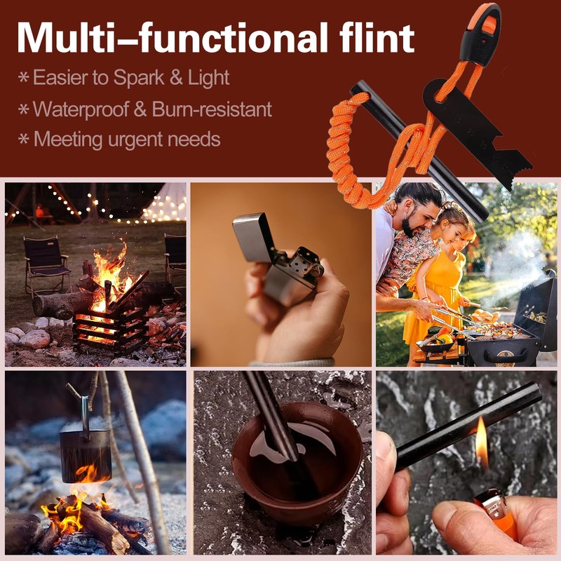 Flint and Steel Fire Starter Kit With Magnesium Rods, Paracord