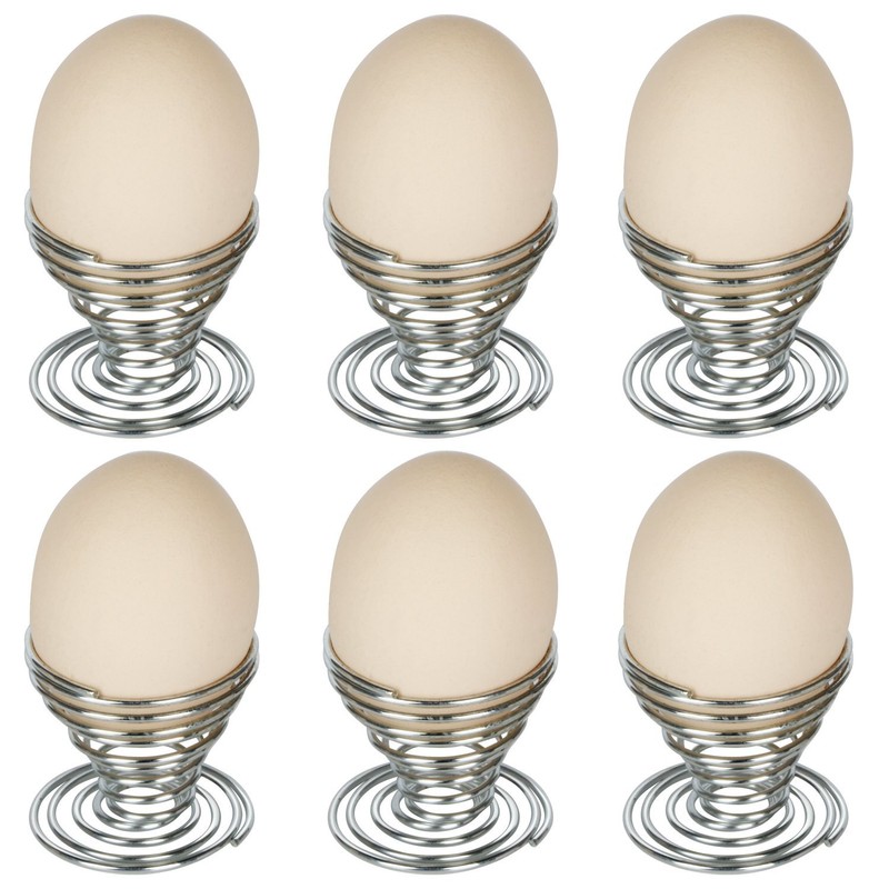 TRIXES 6 x Egg Cups Brushed Steel Wire Spiral Spring