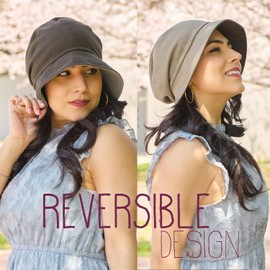 CHARM Women Cotton Sun Hat - Organic Summer Bucket Reversible Chemo Cap Foldable Elastic Black & Light Gray