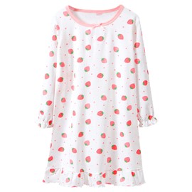 ANIMQUE Girls' Nightdress Cotton Long Sleeve Pyjamas Dress Kids Cute Strawberry Crew Neck Family Sleepwear 2-16 Years, 01223 Long White Strawberry Small