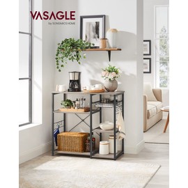 VASAGLE ALINRU Kitchen Baker’s Rack, Coffee Bar, Microwave Oven Stand, with Steel Frame, Wire Basket, 6 Hooks, for Mini Oven, Spices Utensils, Industrial, Heather Greige and Ink Black UKKS090B02
