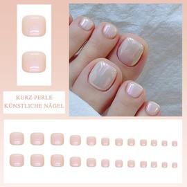 Pack of 24 Pearl White Toenails for Gluing, Natural Square Shiny Short Toenail Tips with Glue, Full Cover Toenails for Gluing for Women (Pearl, 24 Pieces)