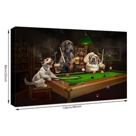 Denozer - Dogs Playing Pool Canvas Wall Art 48" Lx32 W, Funny Billiards Print, Bar Game Room Decor, Framed and Stretched Ready to Hang