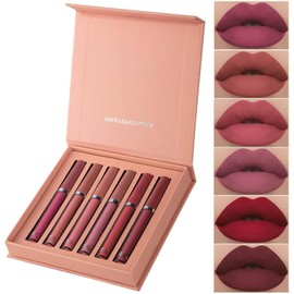 Batín de labios líquido de larga duración mate conjunto de 6,Kit de brillo de labios hidratante,Copa antiadherente no se desvanece brillo de labios impermeable (A)