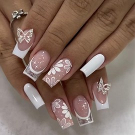 Medium Square Press on Nails White French Tip Fake Nails Cute Flower Stick on Nails Glossy Glitter False Nails with 3D Butterfly Designs Full Cover Artificial Acrylic Nails for Women Girls 24Pcs