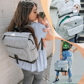 MOMINSIDE Small Diaper Bag Backpack, 12 Pockets Leather Mini Diaper Bag, Baby Bag Backpack, Baby Registry Search, 4 Insulated Pockets, Changing Pad, Stroller Straps(Grey)