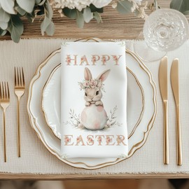 Easter Bunny Cloth Napkins, 20x20 Inches, Floral Design, Set of 4, Pink and White