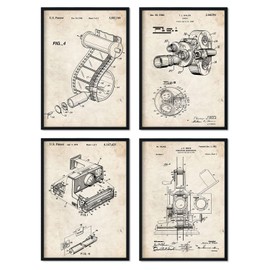 Nacnic Photography Patent Posters Set of 4. Vintage Style Wall Decoration Illustration of Camera and Ancient Inventions. Various Geometric Fish Pictures with Frames. Size A4.