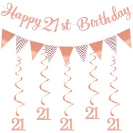 21st Birthday Party Rose Gold Decorations Happy 21st Birthday Bunting Banner With Hanging Swirls Streamers for Girl Women Adult Birthday Anniversary Party Decor Supplies