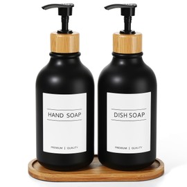KASUNTING Hand and Dish Soap Dispenser Set, Black Kitchen Soap Dispenser Set with Bamboo Tray, 16 Oz Plastic Soap and Lotion Dispensers Sets with 4 Pack Labels for Kitchen & Bathroom Countertop