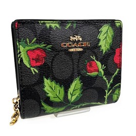 Coach CC858 Wallet Bi-Fold Wallet Compact Wallet Mini Wallet Snap Wallet Signature Canvas Fairy Tail Rose Print Floral Pattern Rose Pattern IM/GRAPHITE/RED MULTI Graphite Red Multi IMUQ4 Women's