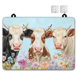 Farmhouse Cow Glass Top Stove Cover Protector,Watercolor Flower Heat Resistant Stove Top Cover, Large Size Range Covers for Electric Stove Countertop Mat, 28 x 20 Inch