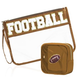 BuyCard 2 Pcs Football Gifts Makeup Bag with Chenille Letter Patch, Clear Cosmetic Pouch PVC Organizer Purse, Waterproof Travel Bag, Portable Toiletry Storage Bag for Her Girls Friends Women