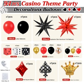 BITOYO Casino Luftballon Set 94 Stück Ballon Rot Schwarz Gold mit Aluminium Krone und Sternen, Poker Accessoires, Deko für Casino Partys, Casino Nacht, Vegas Party und Casino Spiele