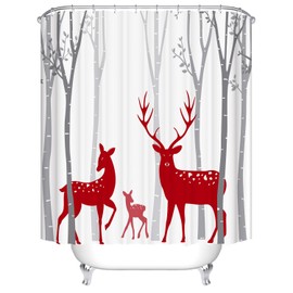Christmas Deer Shower Curtain Red Deer Family in Forest Silhouette Winter Holiday Theme Farmhouse Cabin Bathroom Decor with Hooks