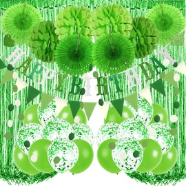 Recosis Birthday Decorations, Green Party Decorations for Birthday Banner Curtains Paper Pompoms and Fans Garland Balloons for Birthday Party Decorations
