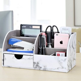 KINGFOM Pu Leather Desk Organizer Pen Pencil Holder Office Supplies Caddy Storage Box 6 Compartments with Drawer Gray Marble