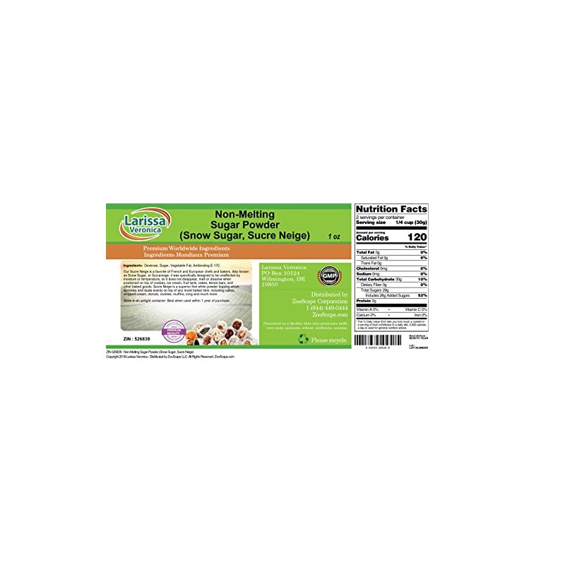 Non-Melting Sugar Powder (Snow Sugar, Sucre Neige) (1 oz, ZIN: