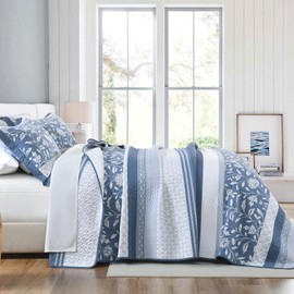 PERHOM 100% Cotton King Quilt, King Size Quilt with 2 Pillow Shams, Blue and White Floral Pattern, Lightweight Soft Comforter, Farmhouse Quilted Bedspread Bedding Set, 3 Piece