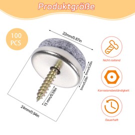 Pack of 100 Felt Gliders Screws, 24 mm Felt Gliders, Nail Furniture Gliders, Felt Chair Gliders, Floor Protection for Furniture, Chairs, Laminate, Parquet, Tiles (Grey)
