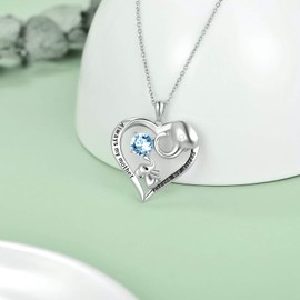 Mum Necklace Sterling Silver Love Heart Lucky Elephant Necklace with Birthstone Crystals, Birthday Mothers Day Jewellery Gifts for Mum from Daughter Son (Simulated Aquamarine)