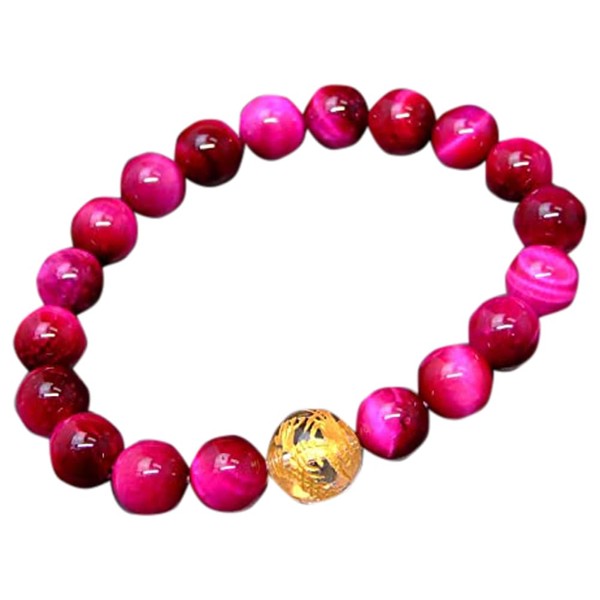 hinryo 61949 Half Price of the Month AA Magenta Pink Tiger Eye Crystal Dragon Gold Carved 0.4 inch (10 mm/12 mm) Bracelet, Inner Diameter 7.1 inches (18 cm), Pouch Included, Natural Stone, Power Stone