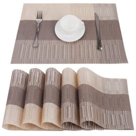 Belle Vous 6-Piece Place Mats in Khaki & Brown - PVC Place Mats Washable, Non-Slip, Tear-Resistant - Easy to Clean, Heat Resistant & Waterproof Coasters Plates for Restaurant/Hotel