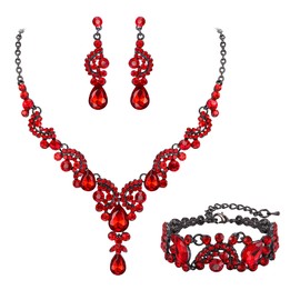EVER FAITH Austrian Crystal Jewelry Set Art Deco Vintage Costume Floral Teardrop Necklace Earrings Bracelet for Woman Red Black-Tone