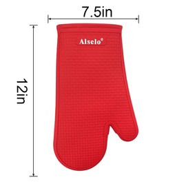 Alselo Oven Mitts Heat Resistant Silicone Kitchen Gloves for 550 Degrees with Waterproof and Non-Silp, Set of 2 Oven Gloves for Baking Cooking Barbecue Microwave Machine Washable (Red, 2)