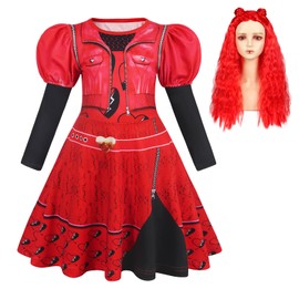 Jurebecia Descendants Costume Dress for Girls Rise Red Dress Up Kids Cosplay Party Outfits with Wig 9-10 Years