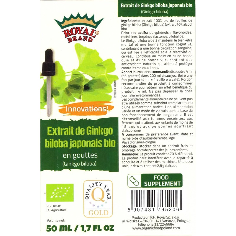 Ginkgo Biloba Organic Extract / 50 ml / Supports Cognitive