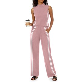 Casly Lamiit Womens Two Piece Outfits Summer Lounge Sets Travel Workout Sweat Suits Sleeveless Top Jogger Pants Causal Athleisure Clothing Dark Pink Plus Size 2XL