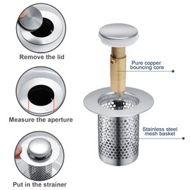 SHENGYIG Pack of 2 33 × 50 mm Drain Strainer, Copper Core Stainless Steel Drain Hair Catcher, Bounce Design, Sink Strainer Anti-Clogging, Suitable for Filtering Hair and Food Leftovers