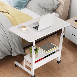 Adjustable Height Mobile Computer Desk for Small Space Rolling Writing with Wheels Corner Home Office Study Portable Bedrooms Work Size 31.5 Inch Storage Gaming Table, White D