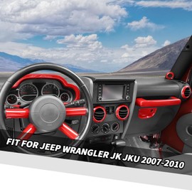 Fit for Jeep Wrangler JK JKU 2007-2010, 14PCS Interior Kits - Instrument Panel Dashboard Cover, AC Vent Ring, Passenger Grab Handle Trim, A Pillar Speaker Cover (Red)