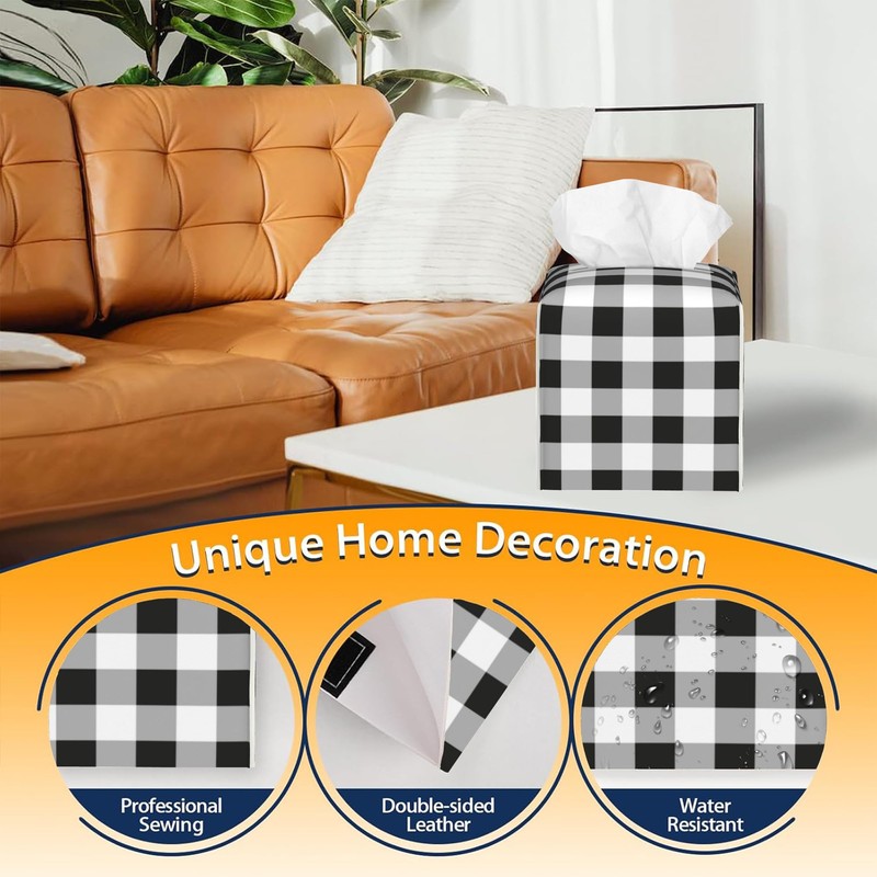 Tissue Box Cover Square, Black Grey White Buffalo Plaid Checkered
